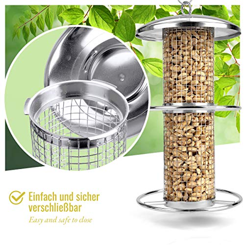 wildtier Herz I Comedero para Pájaros de Metal I Altura 25cm I para Cacahuetes - Columna de Alimentación, Silo, Comedero para Pájaros Aves en Jardin y Balcon (Plata)