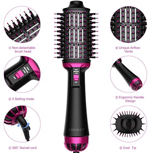 Wirhaut Cepillo Alisador Pelo, One Step Hair Dryer ,2 en 1 Multifuncional Cepillo Secador de Pelo Iónico Negativos, Cepillo Secador de Pelo Secador Moldeador Rizador y Plancha 3 Modos(Negro)