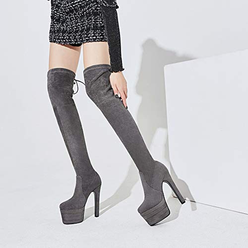 WMZQW Mujer Botas sobre La Rodilla Sexy Y Elegante Cuero de Botas Altas hasta El Muslo Bar Discoteca Botas Tacón Alto Botas,Gris,33