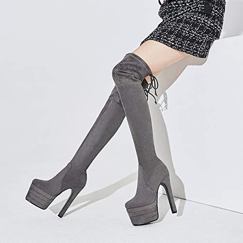 WMZQW Mujer Botas sobre La Rodilla Sexy Y Elegante Cuero de Botas Altas hasta El Muslo Bar Discoteca Botas Tacón Alto Botas,Gris,33