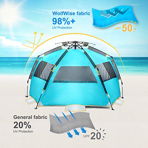 WolfWise Tienda De Playa Bebe 3-4 Personas Carpa de Refugio de Sol Carpa de Sombra para Playa Tienda Campaña con Anti-UV 50 Protección Solar para Al Aire Libre Vacaciones en la Playa