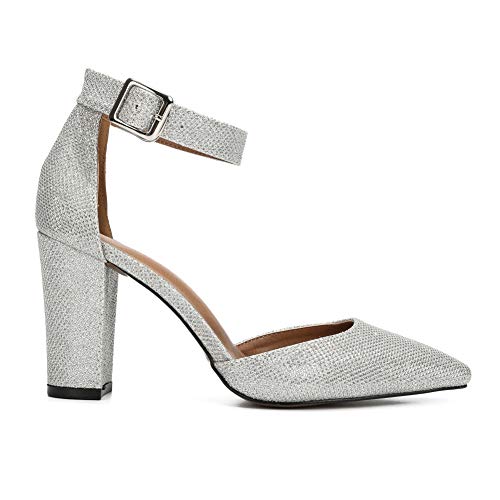 Women's Strap Heels Elegant D'Orsay Closed Pointed Toe Pumps Block Chunky High Heel Court Shoes Silver sequins-40