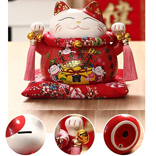 XIZHI Lucky Cat Coin Bank Estilo con Dos Campanas Decoradas con Porcelana, Feng Shui 7 Pulgadas Gato de la Fortuna significando Negocios está en Auge.