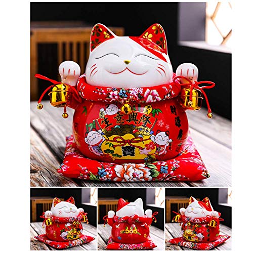 XIZHI Lucky Cat Coin Bank Estilo con Dos Campanas Decoradas con Porcelana, Feng Shui 7 Pulgadas Gato de la Fortuna significando Negocios está en Auge.