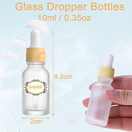 Yalbdopo 10 Botellas de Vidrio Transparente Esmerilado de 10 ml con pipetas cuentagotas, Mini Botellas vacías con Tapa de plástico de Grano de Madera, contenedor de Muestra Recargable para aceites