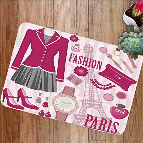 YnimioHOB Alfombra Antideslizante para niñas, Tema de Moda en París con atuendos Vestido Reloj Monedero Perfume Parisienne Landmark Felpudo para Puerta Interior