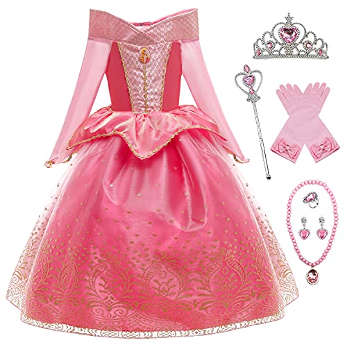 YOSICIL Disfraz Princesa Aurora para Niña Disfraz Bella Durmiente Manga Larga con 6Pcs Accesorio Dulce Princesa Cosplay Vestido para Cumpleaños Halloween Fiesta，Rosa,130