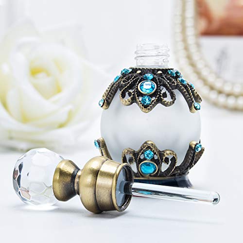 YU FENG Botella de perfume recargable vacía antigua de 15 ml con diamantes de imitación azules adornado de lujo retro fragancia botella aroma