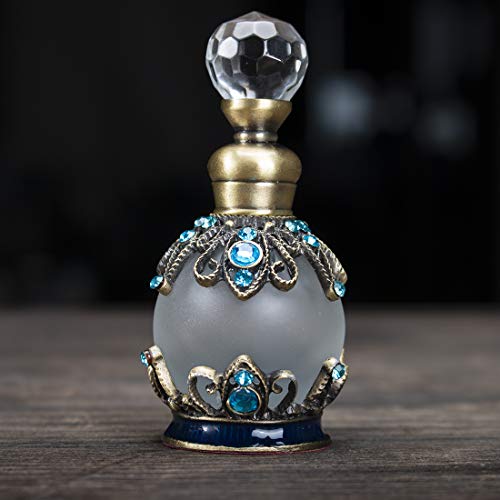 YU FENG Botella de perfume recargable vacía antigua de 15 ml con diamantes de imitación azules adornado de lujo retro fragancia botella aroma