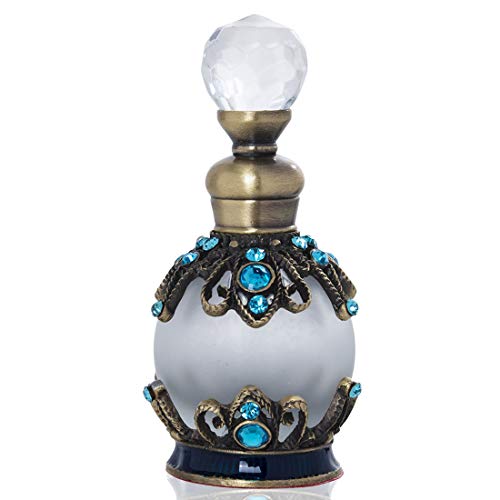 YU FENG Botella de perfume recargable vacía antigua de 15 ml con diamantes de imitación azules adornado de lujo retro fragancia botella aroma