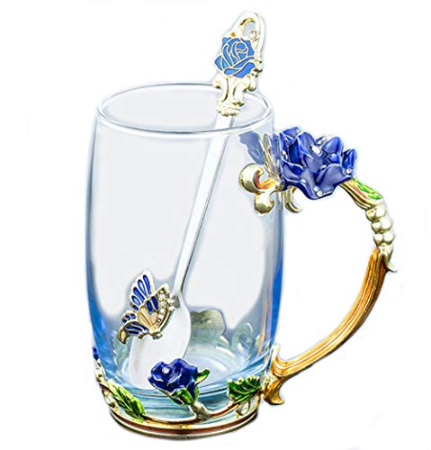 YUEMING Vidrio Taza con asa Pared de Vidrio de Borosilicato,Resistente al Calor Tazas de café Taza téLeche,Taza de té con Tapa Taza de Cafe con Cuchara Taza Rosa Mariposa (Azul + 350ml)