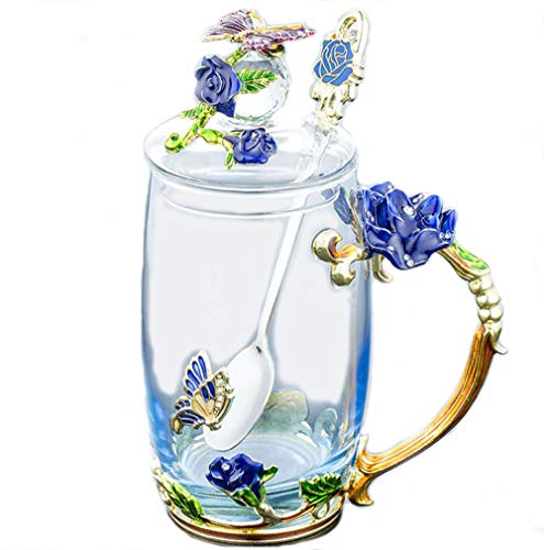 YUEMING Vidrio Taza con asa Pared de Vidrio de Borosilicato,Resistente al Calor Tazas de café Taza téLeche,Taza de té con Tapa Taza de Cafe con Cuchara Taza Rosa Mariposa (Azul + 350ml)