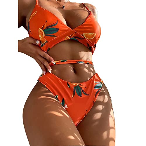 Zaful - Conjunto de bikini acolchado para mujer en diseño de naranjas, de tirantes con cordones Papaya Orange S