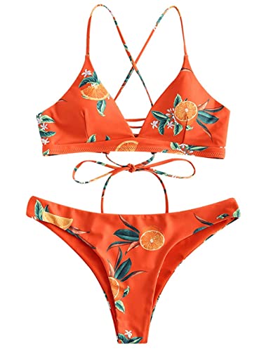 Zaful - Conjunto de bikini acolchado para mujer en diseño de naranjas, de tirantes con cordones Papaya Orange S