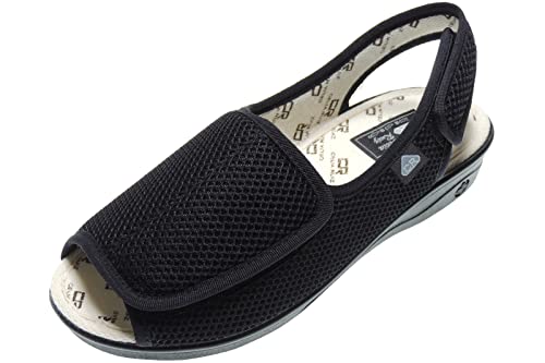 Zapatillas Rejilla Nailon en Ancho Especial y Punta Abierta para Mujer. Marca CELIARUIZ 208. Tratamiento Antibacteriano Sanitized. Ajuste con Velcro. Negro Talla 37