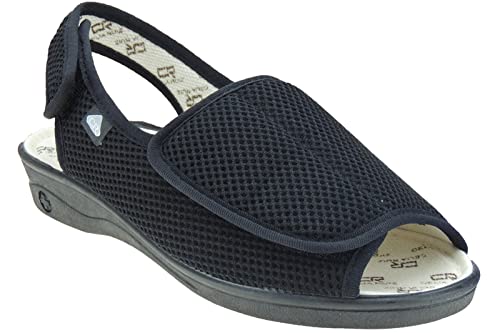 Zapatillas Rejilla Nailon en Ancho Especial y Punta Abierta para Mujer. Marca CELIARUIZ 208. Tratamiento Antibacteriano Sanitized. Ajuste con Velcro. Negro Talla 37