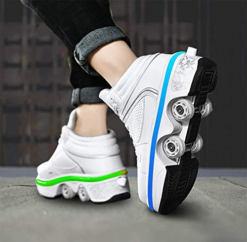 Zapatos con Ruedas para Niños Y Niña, Zapatos Multiusos 2 En 1 Patines Zapatillas Deportes Al Aire Libre De Deporte,Low White Light,33