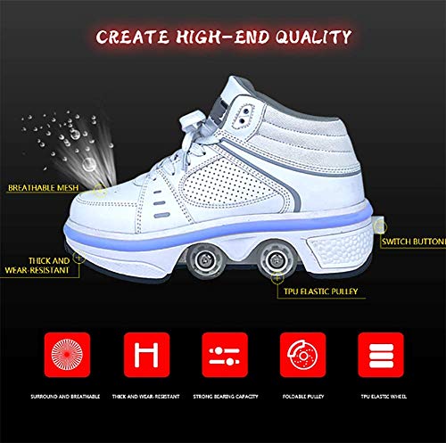 Zapatos con Ruedas para Niños Y Niña, Zapatos Multiusos 2 En 1 Patines Zapatillas Deportes Al Aire Libre De Deporte,Low White Light,33