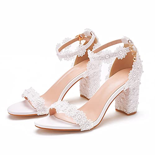 Zapatos De Boda Sexy, Bombas con Cuentas De Tacón En Bloque Flores De Encaje Dulce Sandalias De Noche De Boda Tamaño,Blanco,38 EU