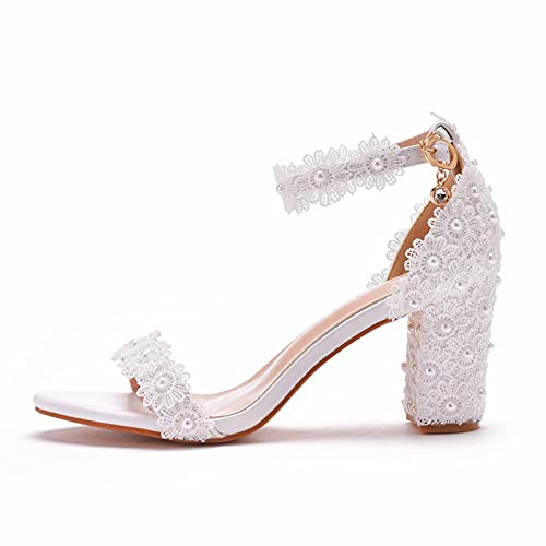 Zapatos De Boda Sexy, Bombas con Cuentas De Tacón En Bloque Flores De Encaje Dulce Sandalias De Noche De Boda Tamaño,Blanco,38 EU