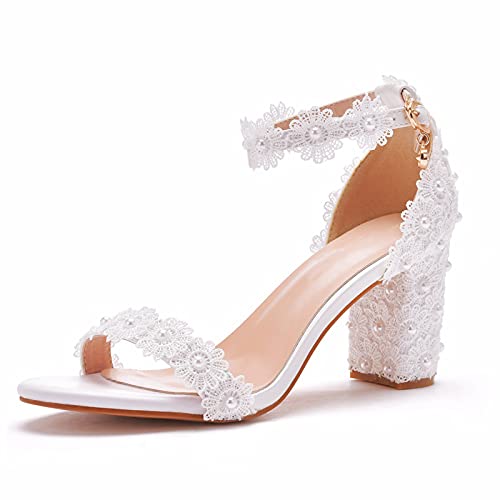 Zapatos De Boda Sexy, Bombas con Cuentas De Tacón En Bloque Flores De Encaje Dulce Sandalias De Noche De Boda Tamaño,Blanco,38 EU