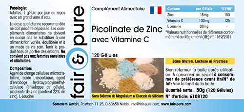 Zinc 15 mg - Suplemento de Picolinato de Zinc con Vitamina C - Vegano - Alta pureza - 120 Cápsulas