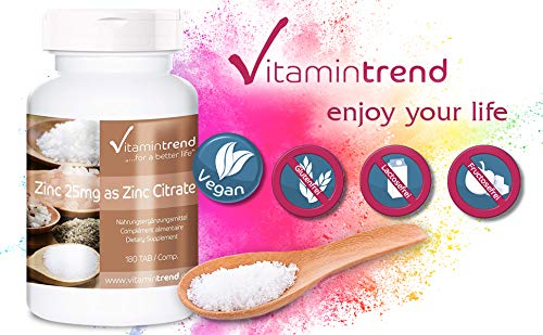 Zinc 25 mg – 180 comprimidos – ¡¡Bote para 6 MESES!!– citrato de zinc – vegano – altamente dosificado