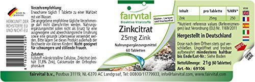 Zinc 25mg - Citrato de Zinc de alta biodisponibilidad - VEGANO - Dosis elevada - 60 Comprimidos - Calidad Alemana