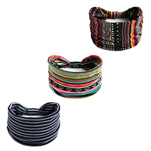 Zoestar Boho,diademas de rayas anchas,negras para la cabeza de yoga,turbante anudado,vendas para el pelo,vendas de cabeza estilo vintage,elásticas y gruesas,para mujeres y niñas (paquete de 3) (A)