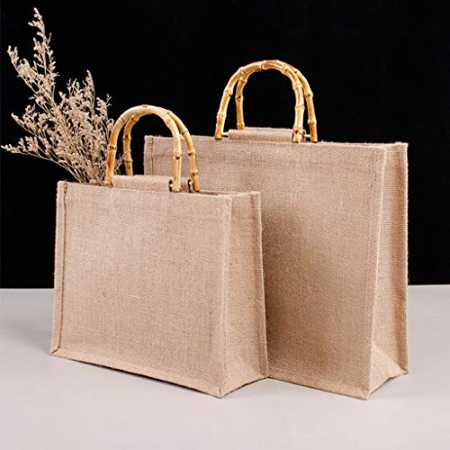 ZOUD Bolsa de compras portátil de yute de arpillera, asas de bambú, asas reutilizables para mujeres y niñas, color Marrón, talla 34 EU