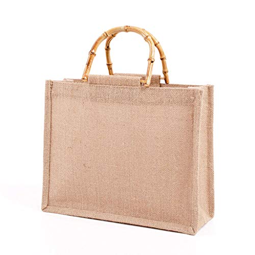 ZOUD Bolsa de compras portátil de yute de arpillera, asas de bambú, asas reutilizables para mujeres y niñas, color Marrón, talla 34 EU