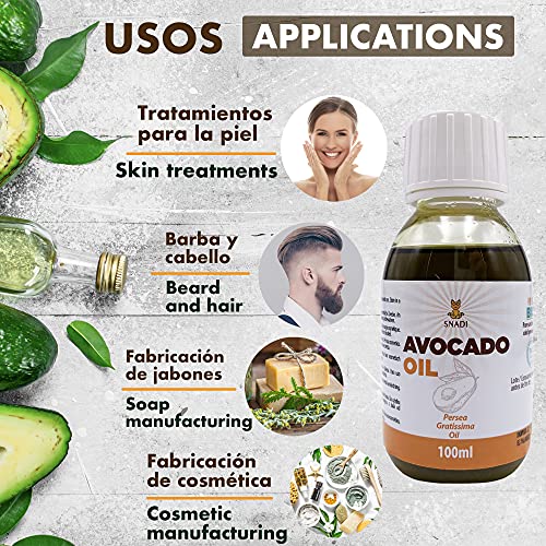 100 ml - Aceite de Aguacate BIO + Prensado en Frío.Aceite aguacate antioxidante, antienvejecimiento.Aceite corporal hidratante. Piel y aceite cabello secos.Avocado Oil Puro y Natural.