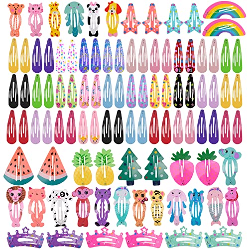 100Pcs Pinza de Pelo Infantiles Multicolor, Clips Pelo Niña Metal Hebillas Pinzas, Pelo Horquillas Diseño de Dibujos Animados Y Fruta Accesorios Cabello para Niñas Infantiles