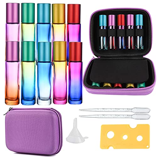 10Pack Botellas Roll On Cristal para Aceites Esenciales 10ml, con Bolsa Roll-on Bola de Acero Inoxidable, para Aceites Esenciales, Masajes, Aromaterapia (Morado)