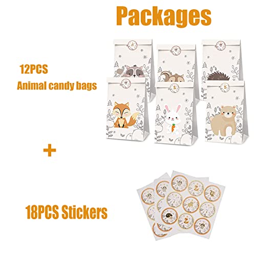 12 Piezas Bolsa Regalo Cumpleaños Animales, Bolsas de Fiesta Animal, Bolsa de Papel Animales, Bolsas de Papel de Caramelos, Bolsa de Regalo de Papel con 18 Pegatinas para Cumpleaños