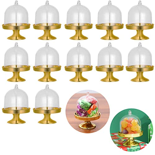 12 Piezas Mini Soporte para Tartas, Soporte para Tartas Base Dorada, Soporte para Dulces con Cubierta de Domo, para Chocolate, Queso, Macarrones de Coco, Bolas de Ron