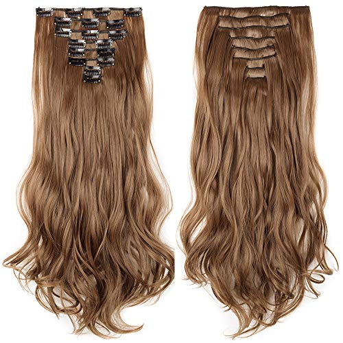 17"(43cm) SEGO Extensiones de Cabello Clip Pelo Sintético Se Ve Natural [Castaño Claro] 8PCS Rizado Largo Postizos Pelucas para Mujer (140g)