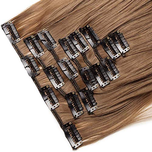 17"(43cm) SEGO Extensiones de Cabello Clip Pelo Sintético Se Ve Natural [Castaño Claro] 8PCS Rizado Largo Postizos Pelucas para Mujer (140g)