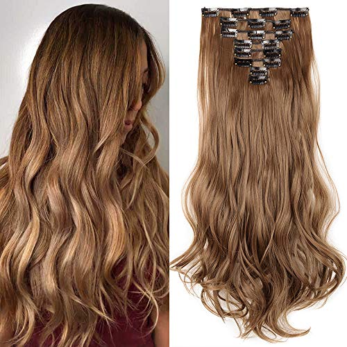 17"(43cm) SEGO Extensiones de Cabello Clip Pelo Sintético Se Ve Natural [Castaño Claro] 8PCS Rizado Largo Postizos Pelucas para Mujer (140g)