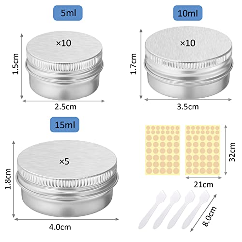 25 botes vacíos de aluminio plateados con pegatinas, redondos, con tapa de rosca para cosméticos, bálsamo de labios, loción, cremas, máscaras, aluminio, 5ml-10ml-15ml