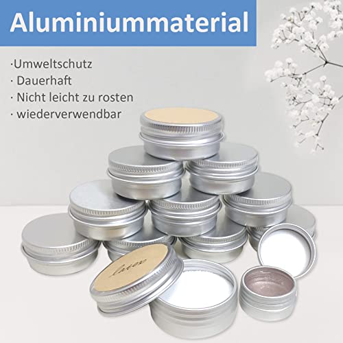 25 botes vacíos de aluminio plateados con pegatinas, redondos, con tapa de rosca para cosméticos, bálsamo de labios, loción, cremas, máscaras, aluminio, 5ml-10ml-15ml