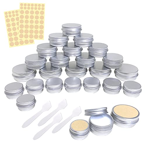 25 botes vacíos de aluminio plateados con pegatinas, redondos, con tapa de rosca para cosméticos, bálsamo de labios, loción, cremas, máscaras, aluminio, 5ml-10ml-15ml