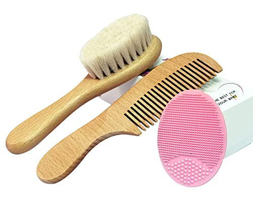 3pcs Cepillo de pelo de bebé & Conjunto de peine, Cepillo de cerdas de cabra y cepillo de pelo de silicona para el tratamiento de la costra láctea Cepillo de cerdas de madera para recién nacidos