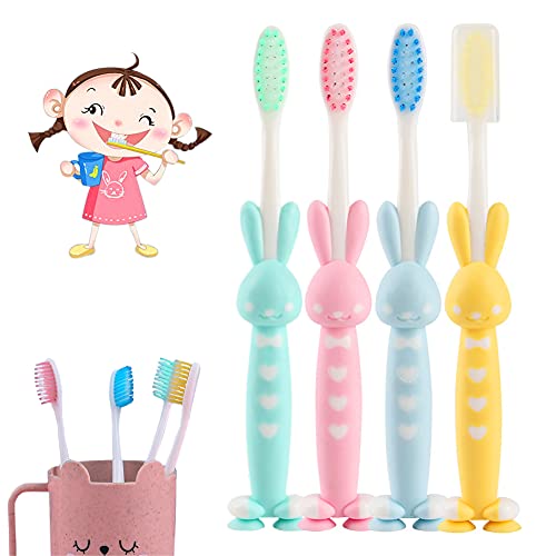 4 cepillos de dientes para niños de conejito de dibujos animados, cepillos de dientes suaves para niños con cepillos de cerdas suaves, se pueden usar para encías sensibles(amarillo,azul,rosa,verde)