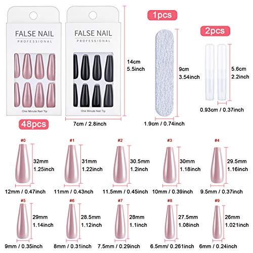 48 Piezas de Uñas Postizas de Extra Largo, Uñas en Forma de Bailarina Uñas Artificiales para Mujeres Niñas (Negro, Desnudo)