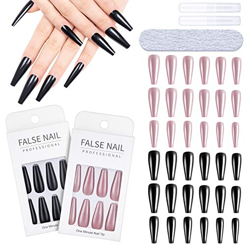 48 Piezas de Uñas Postizas de Extra Largo, Uñas en Forma de Bailarina Uñas Artificiales para Mujeres Niñas (Negro, Desnudo)