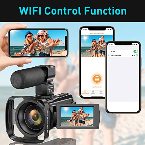 4K Videocámara UHD 48MP WiFi IR Night Vision Vlogging Cámara para YouTube Pantalla Táctil Grabadora de Cámara con Zoom Digital 16X con Micrófono, Estabilizador, Parasol para lente, Control, 2 baterías