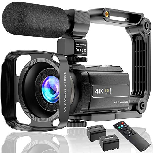 4K Videocámara UHD 48MP WiFi IR Night Vision Vlogging Cámara para YouTube Pantalla Táctil Grabadora de Cámara con Zoom Digital 16X con Micrófono, Estabilizador, Parasol para lente, Control, 2 baterías