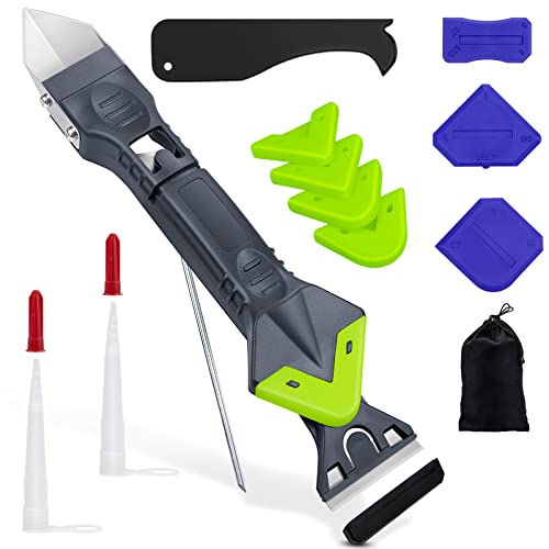 5 en 1 Eliminador Aplicador Silicona Herramienta Kit 15PCS, Lanpard Rascador Juntas Azulejos Acero Inoxidable Rascador Quita Silicona para Baño con Canulas Silicona y Bolsa (Verde)