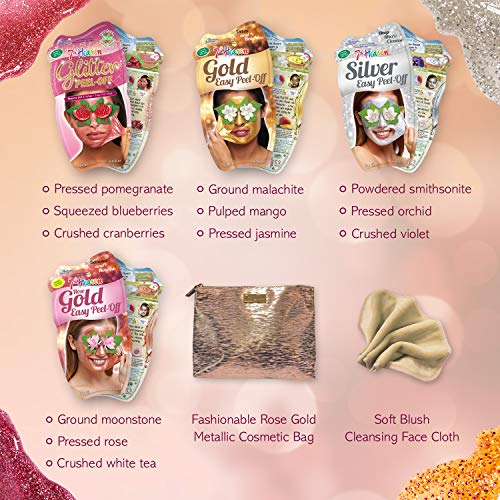 7th Heaven Shimmer & Shine Set de regalo con 4 máscaras faciales despegables, incluye una bolsa de cosméticos metálica de oro rosa y un paño limpiador para la cara